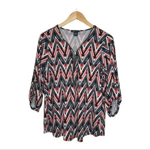 Robert Louis Womens Size M Stretch Knit Top Half Zip Black Coral Chevron Print